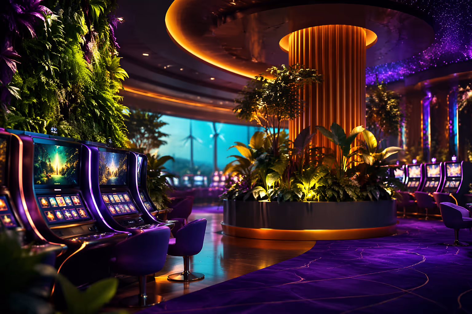 Vibrant eco-friendly slot machines with green energy symbols and sustainable casino visuals